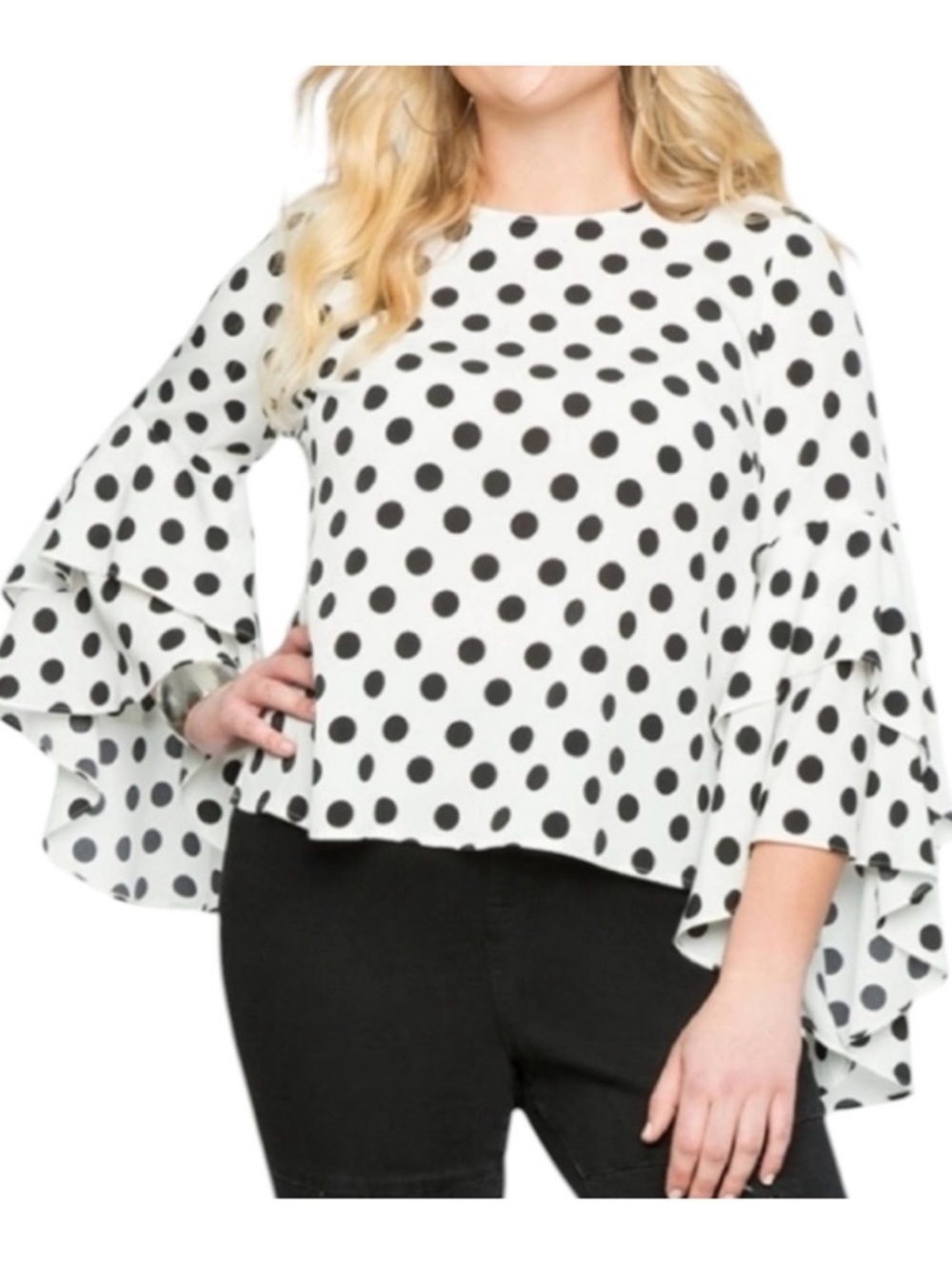 Eloquii Polka Dot Ruffle Sleeve Blouse - White/Black Size 20